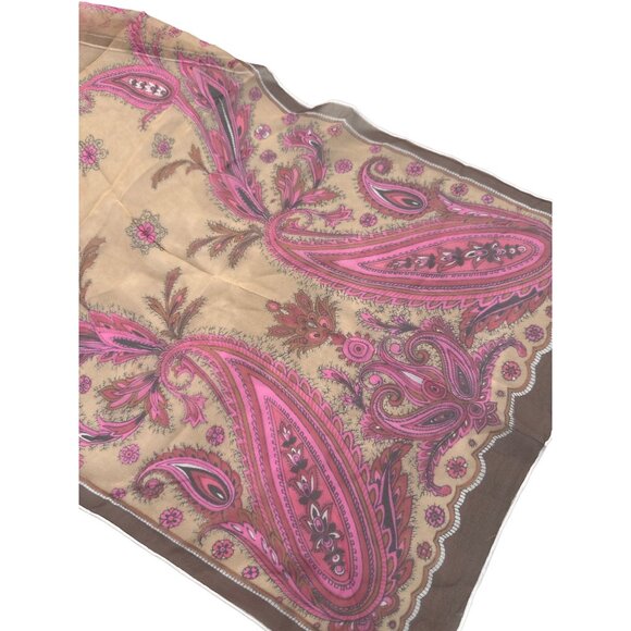 Chiffon Vintage Floral Paisley Scarf 22 Inches Square Pink & Brown Boho Japan - Picture 2 of 5